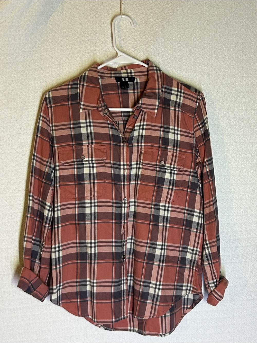 PAIGE Rust Plaid Button-Down Shirt in Rust, Black, White